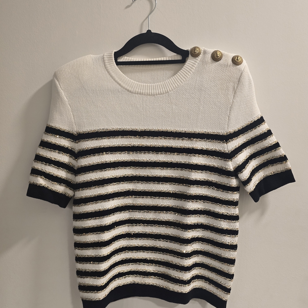Balmain Striped Short Sleeve Sweater with Gold Accents